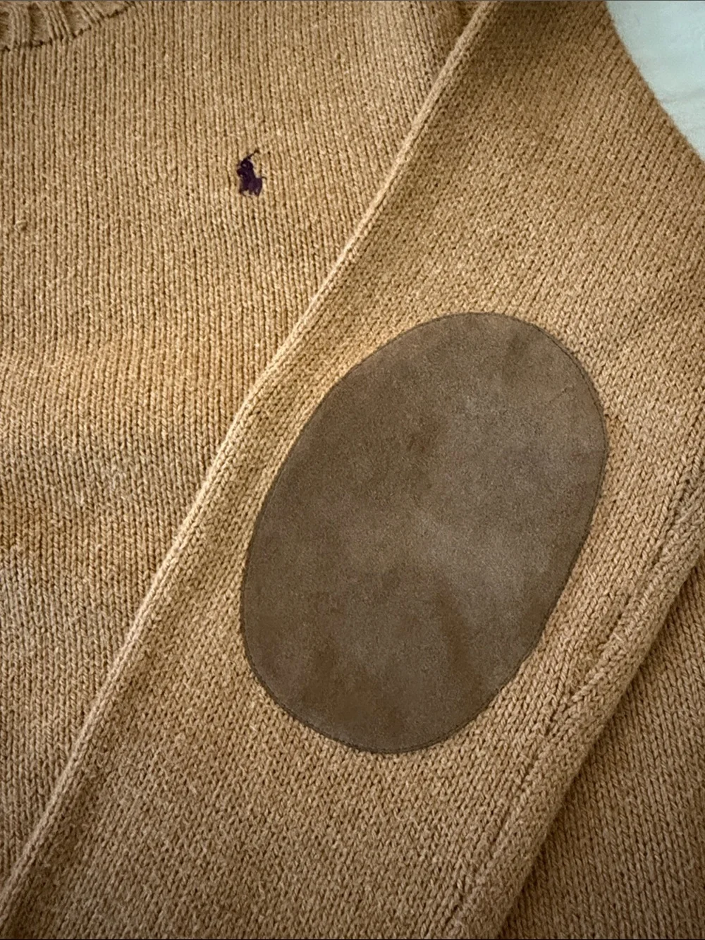 Ralph Lauren Camel Crewneck Sweater with Brown Suede Elbow Patches